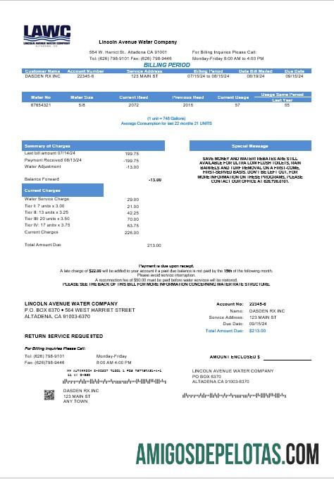 imprimível Modelo de conta de serviços públicos da empresa de água Lincoln Avenue EUA Califórnia em formatos Word e PDF